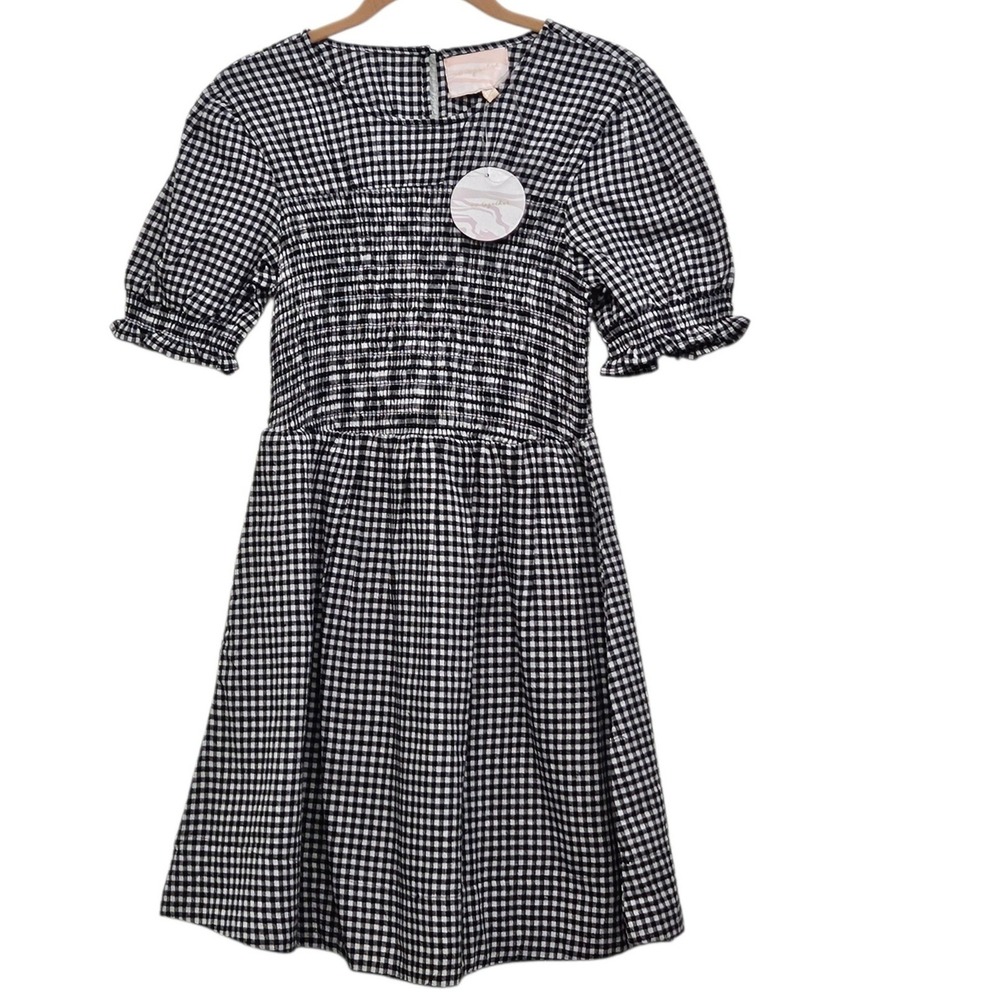 Us Together Gingham Smocked Dress Women M Black White Cotton Puff Sleeve Cottage